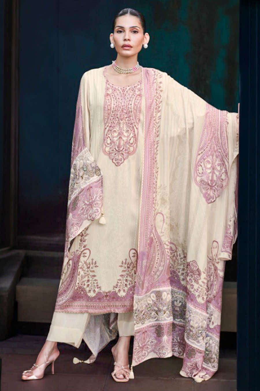 Cream Spun Pashmina Printed Unstitched Suit Fabric