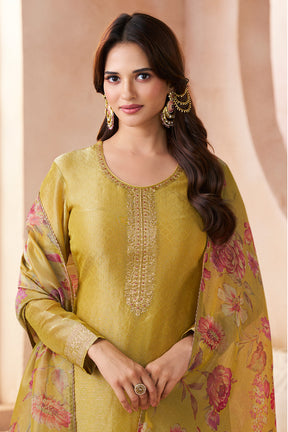 Olive Green Metallic Tissue Zari Woven Unstitched Suit Material