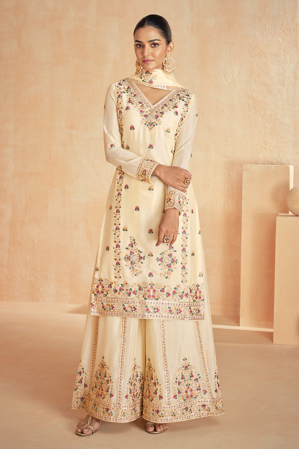 Cream Color Crepe Silk Resham Embroidered Suit With Palazzo