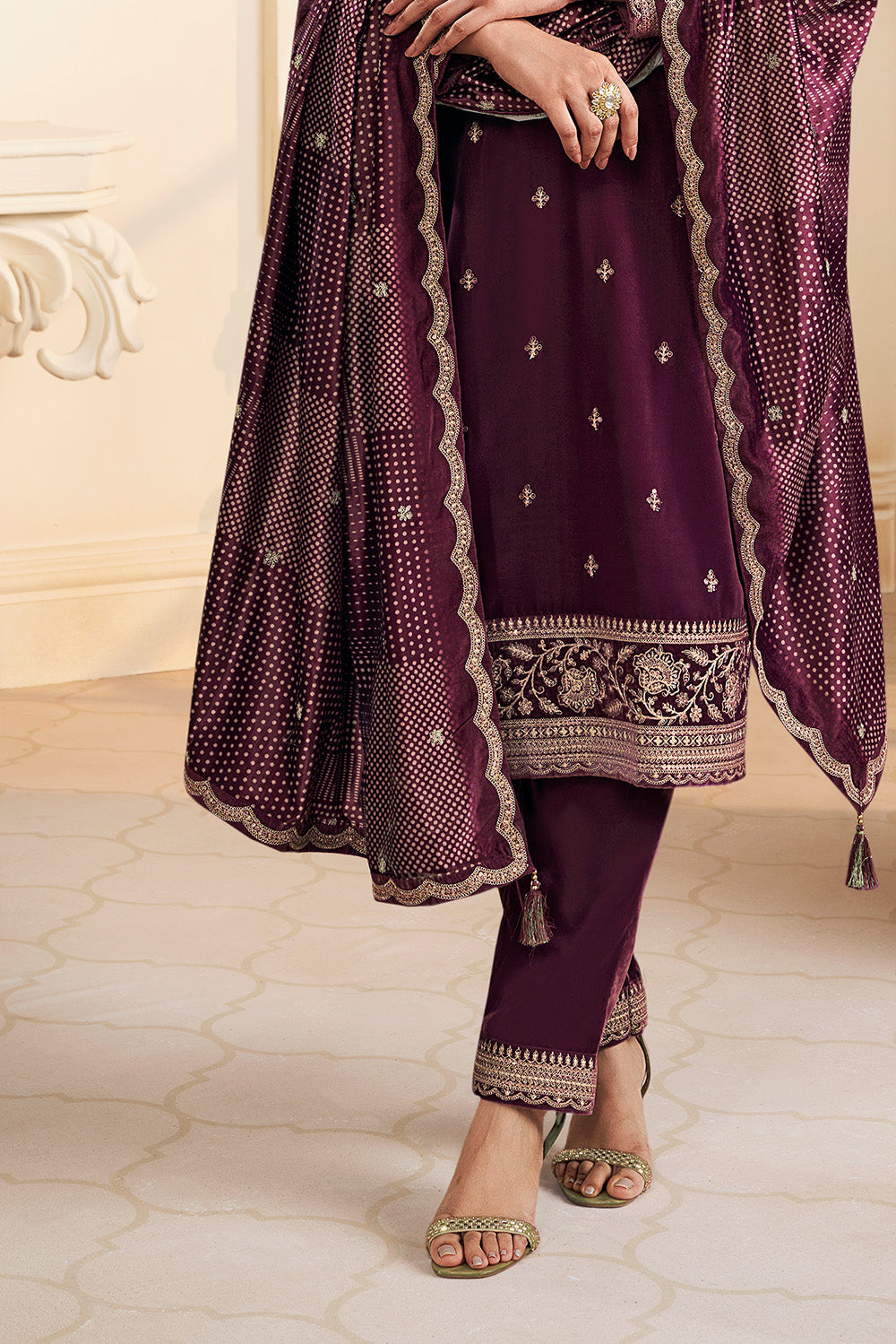 Wine Velvet Zari and Sequins Embroidered Unstitched Suit Fabric