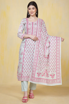 Sea Green Cotton Floral Printed & Neck Embroidered Suit