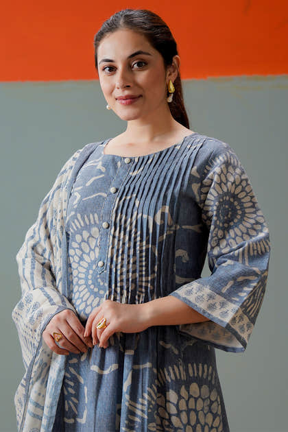 Grey Cotton Floral Printed Suit Set