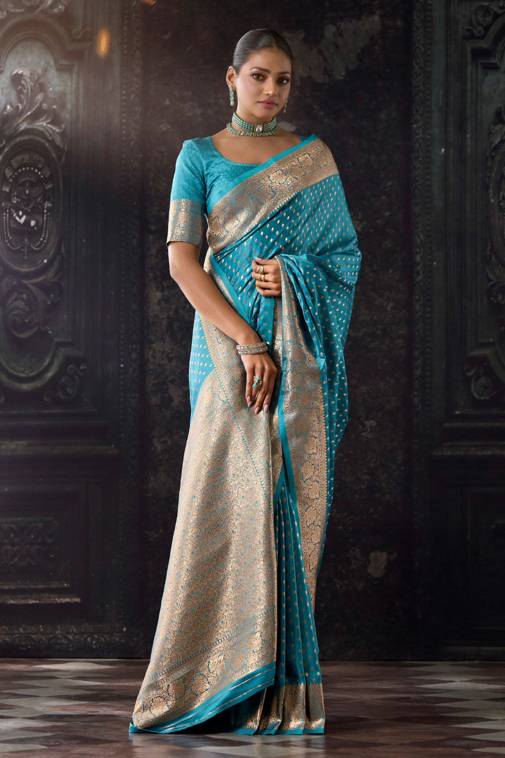 Pacific Blue Zari Woven Soft Silk Saree