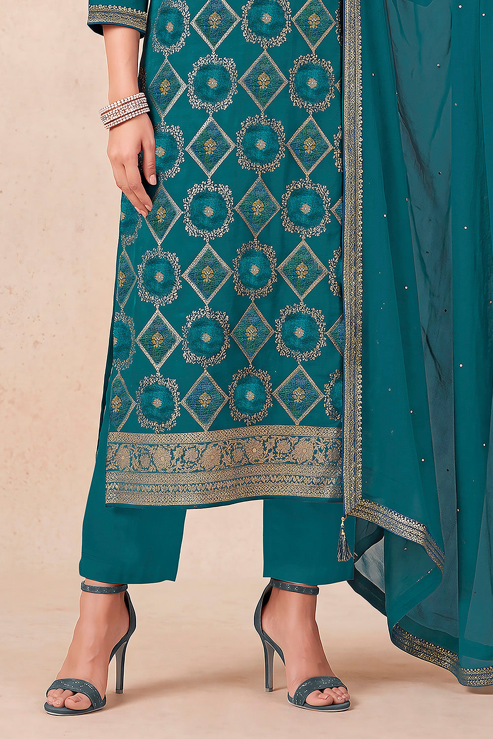 Teal Blue Zari Woven Silk Unstitched Suit Fabric