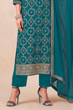 Teal Blue Zari Woven Silk Unstitched Suit Fabric