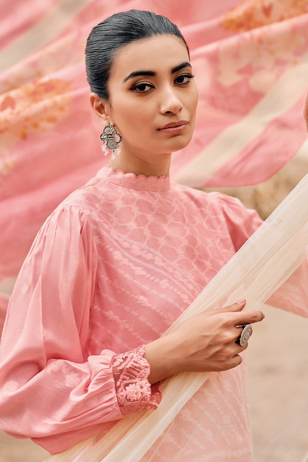 Pink Color Muslin Cotton Resham Woven Unstitched Suit Material