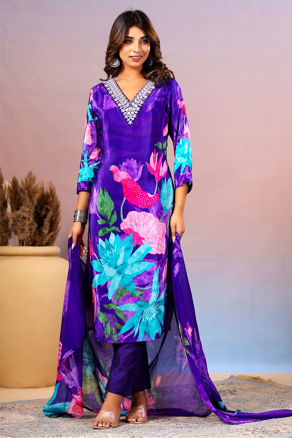 Purple Color Crepe Silk Printed Straight Suit
