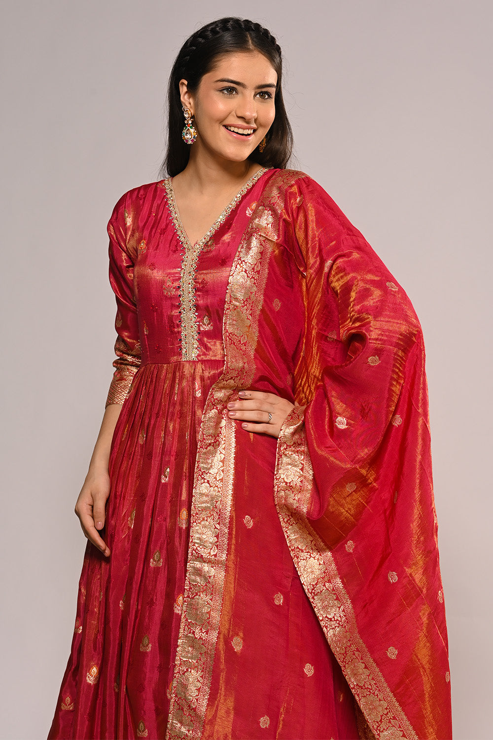 Fuchsia Pink Color Mantellic Tissue Embroidered and Woven Anarkali Suit