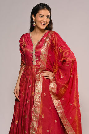 Fuchsia Pink Color Mantellic Tissue Embroidered and Woven Anarkali Suit