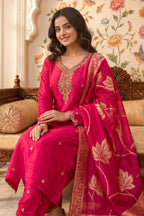 Maroon Neck-Embroidered Suit With Woven Dupatta