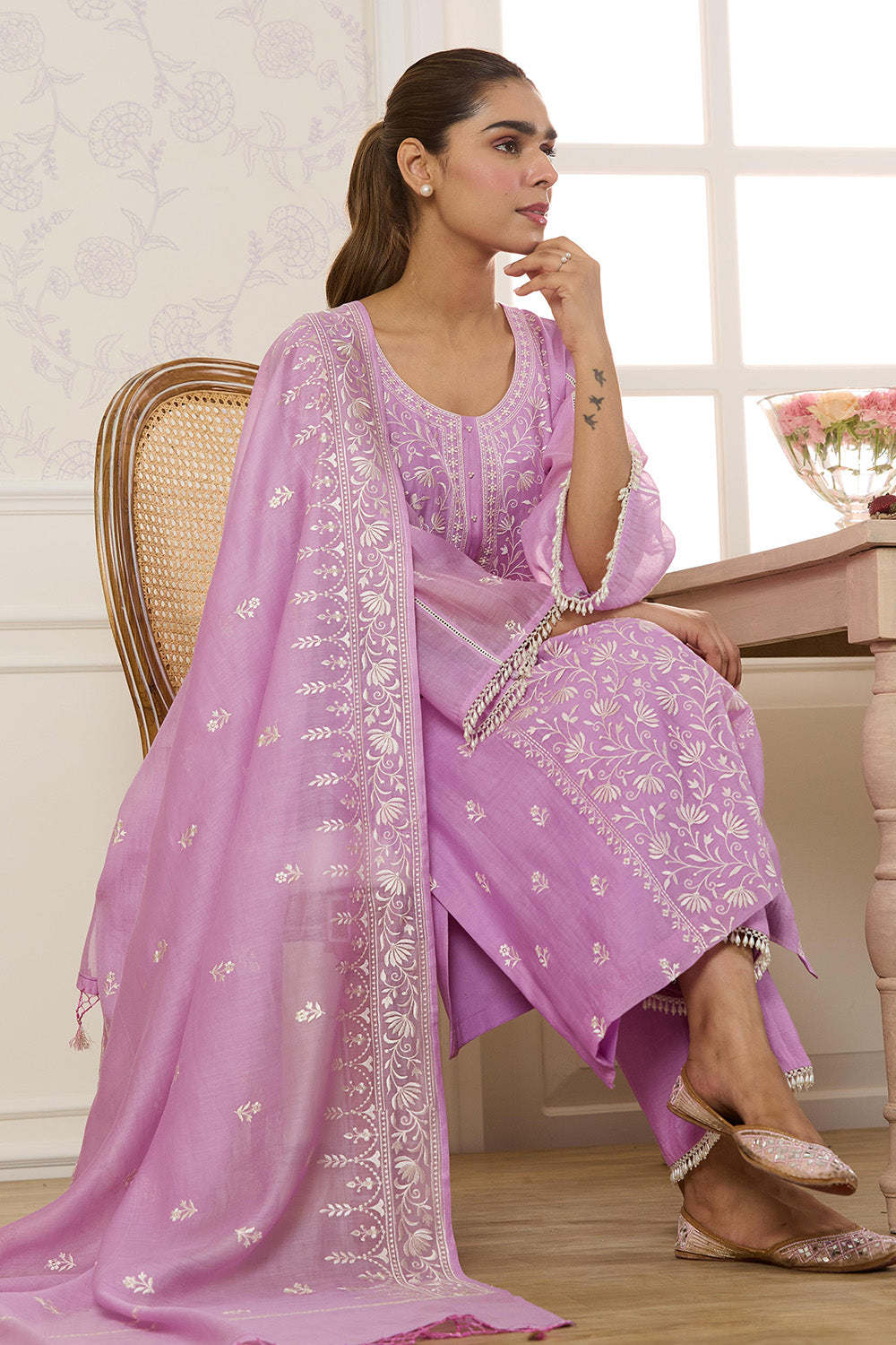 Mauve Mul Chanderi Resham Embroidered Unstitched Suit Material