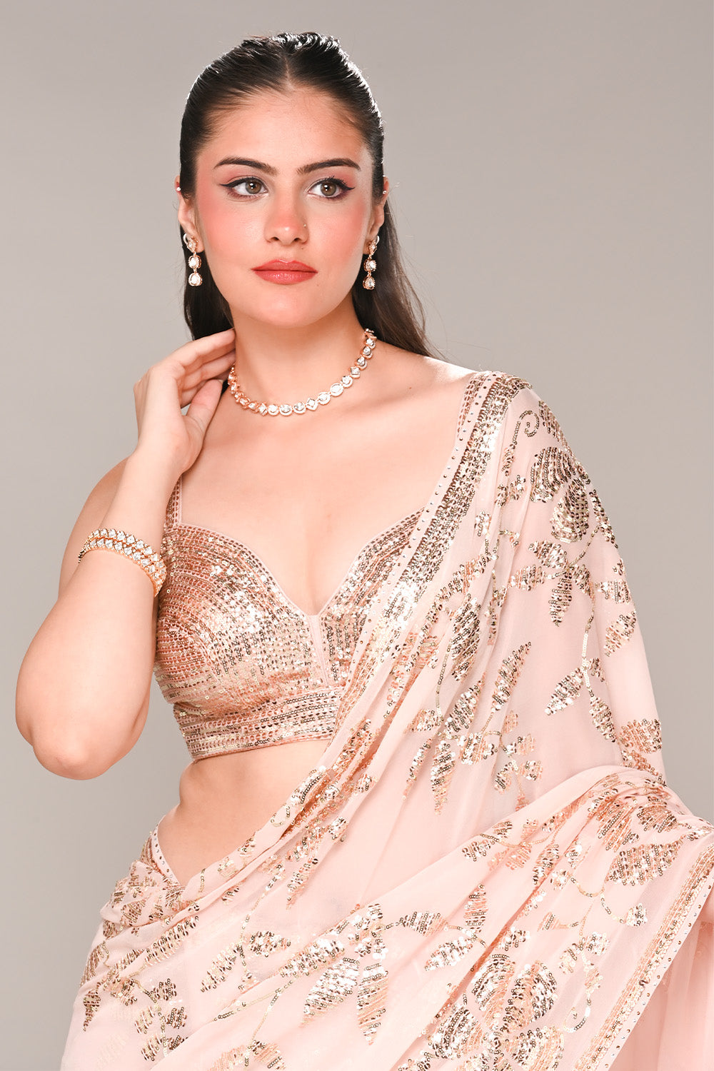 Baby Pink Color Georgette Sequins Embroidered Saree