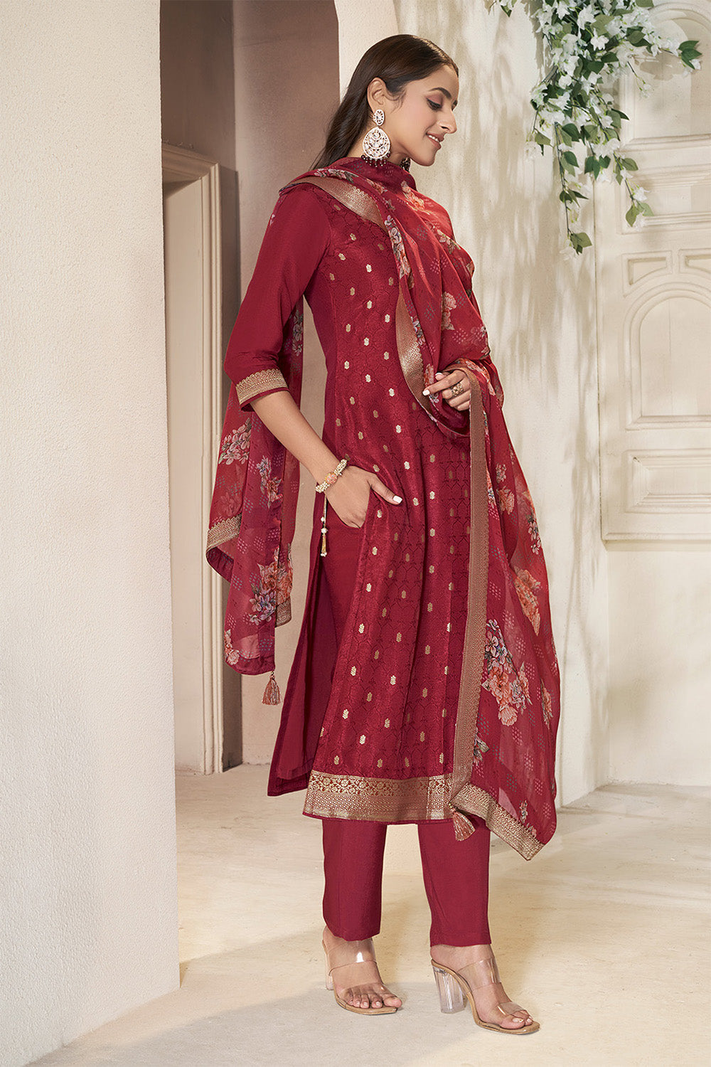 Maroon Silk Zari Woven Suit Set