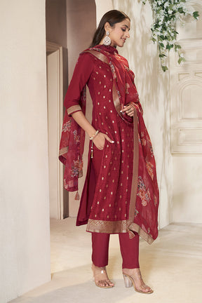 Maroon Silk Zari Woven Suit Set