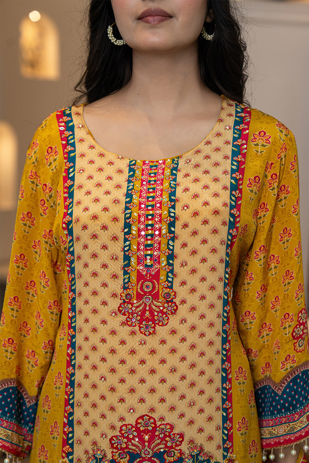 Mustard Crepe Silk Printed Suit With Printed Palazzo