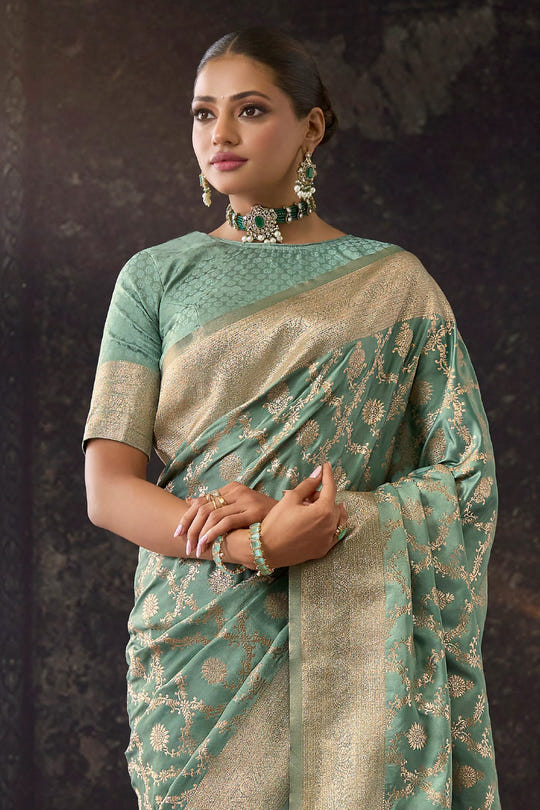 Sea Green Silk Banarasi Woven Saree