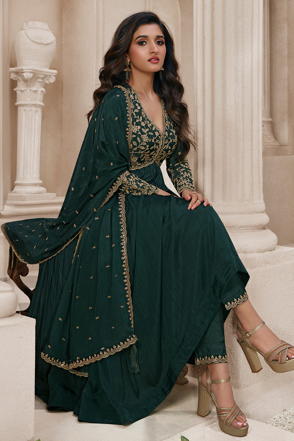 Bottle Green Color Alia Cut Deigned Embroidered Georgette Anarkali Suit