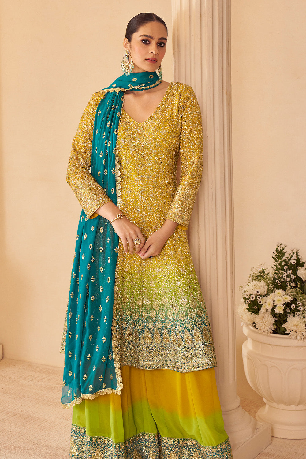 Mustard Georgette Zari And Sequins Embroidered Suit With Embroidered Palazzo