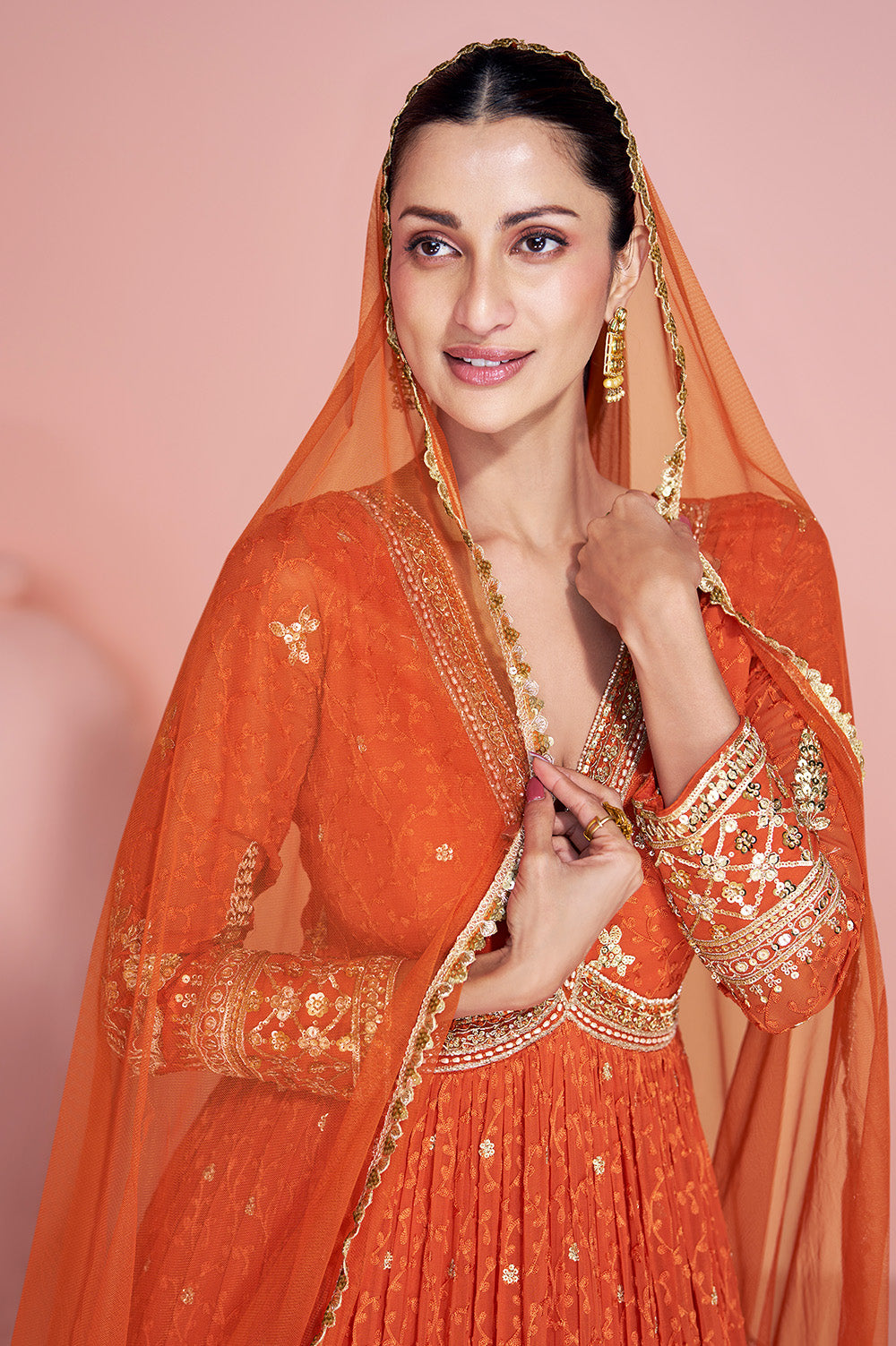 Orange Georgette Resham, Zari and Sequins Embroidered Alia Cut Anarkali Gown