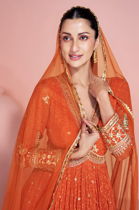 Orange Georgette Resham, Zari and Sequins Embroidered Alia Cut Anarkali Gown