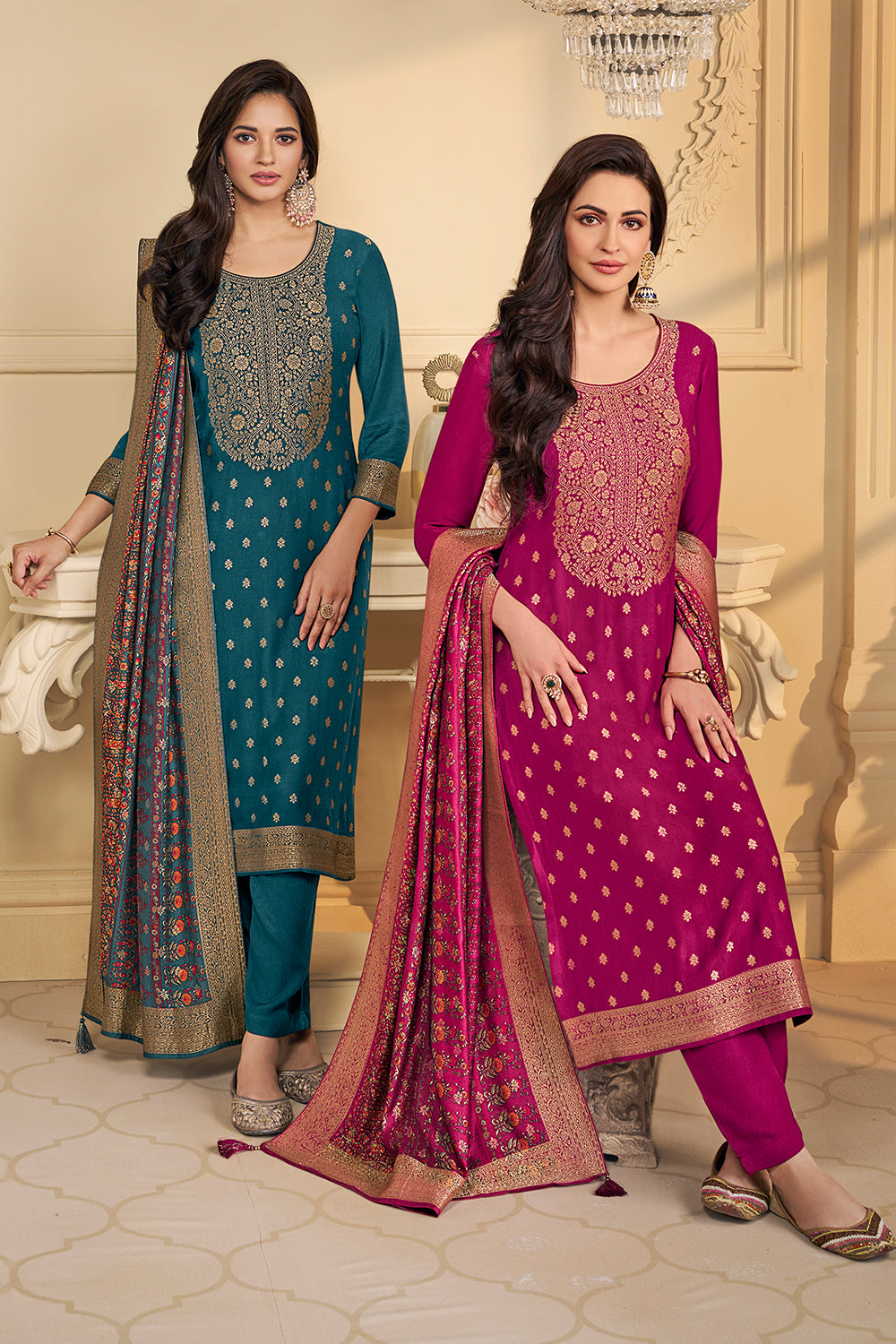 Blue Pashmina Zari Woven Unstitched Suit Fabric