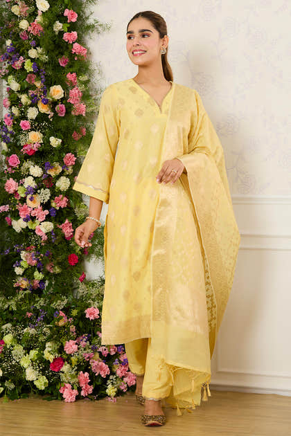 Yellow Chanderi Cotton Zari Woven Unstitched Suit Material