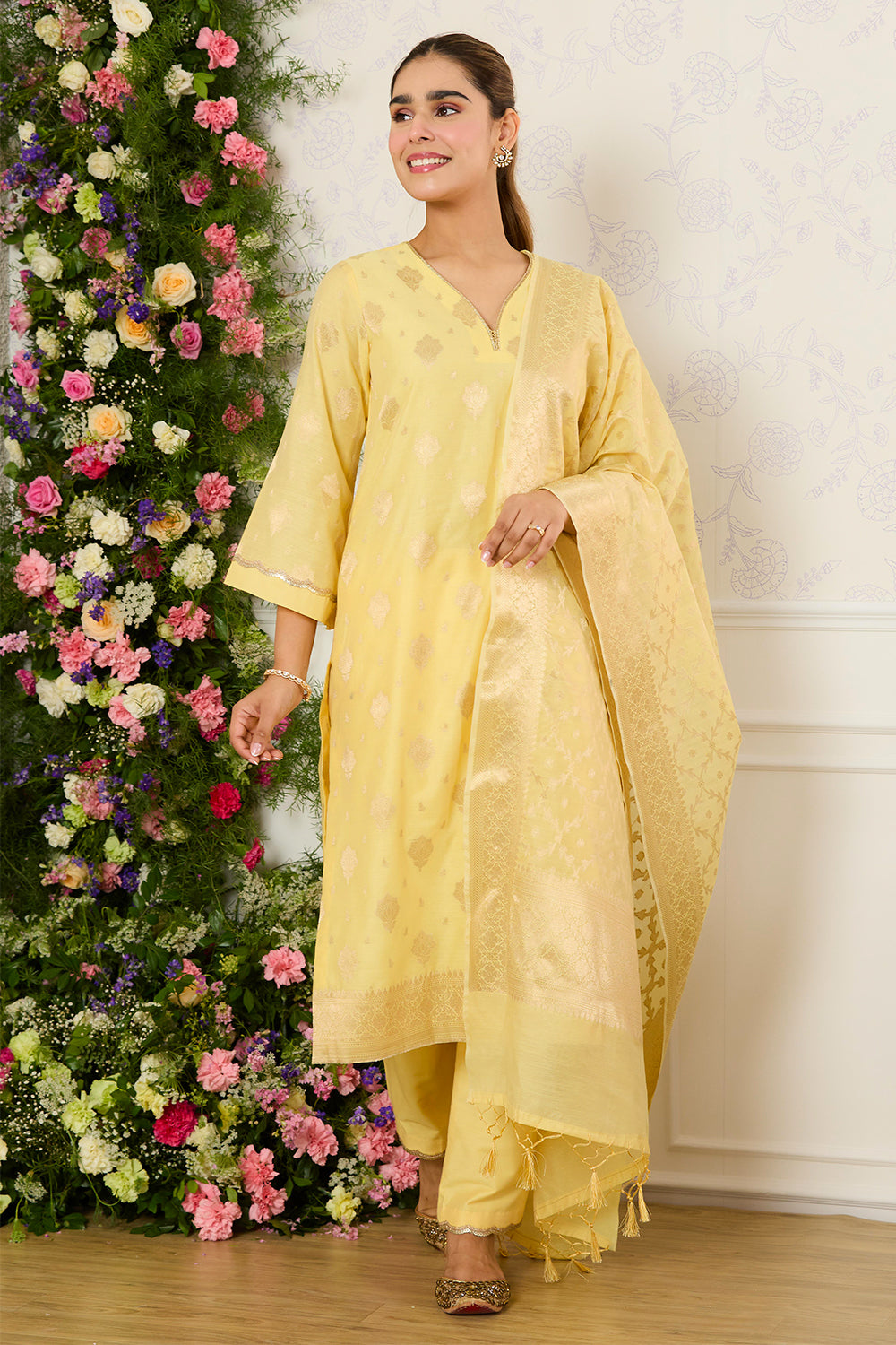 Yellow Chanderi Cotton Zari Woven Unstitched Suit Material