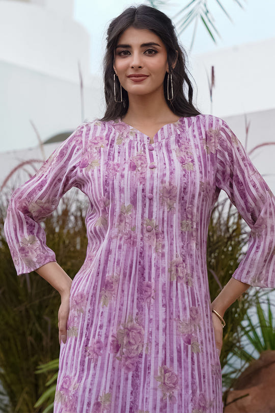 Lavender Floral Printed Muslin Kurta Set