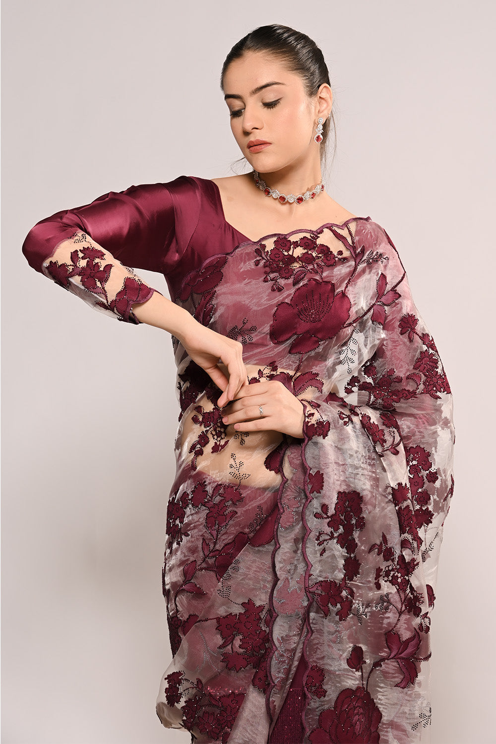 Wine Color Net Embroidered Saree