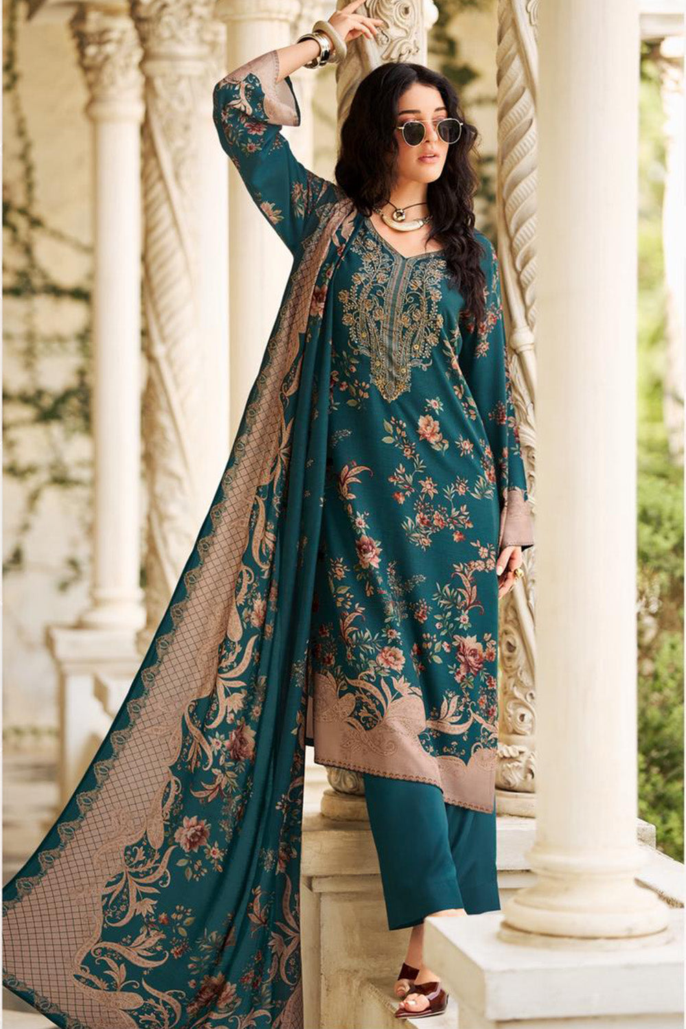 Teal Spun Floral Printed Unstitched Suit Fabric