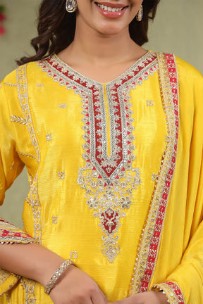 Yellow Crepe Silk Embroidered Straight Suit