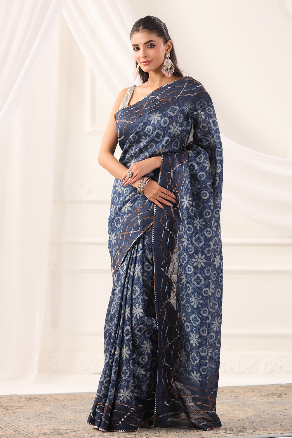 Navy Tussar Silk Printed Saree