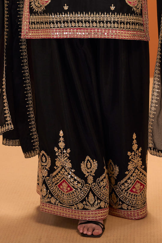 Black Crepe Silk Zari and Sequins Embroidered Suit With Embroidered Palazzo