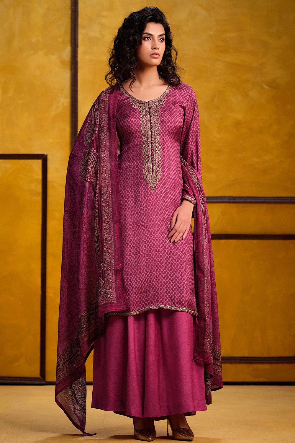Magenta Color Pashmina Embroidered Unstitched Suit Fabric