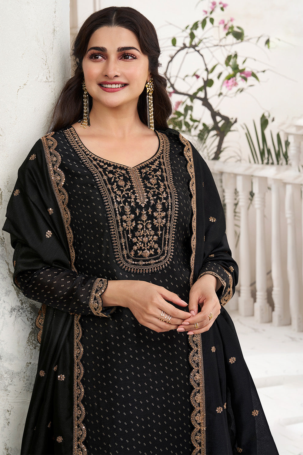 Black Colour Silk Embroidered Unstitched Suit Fabric