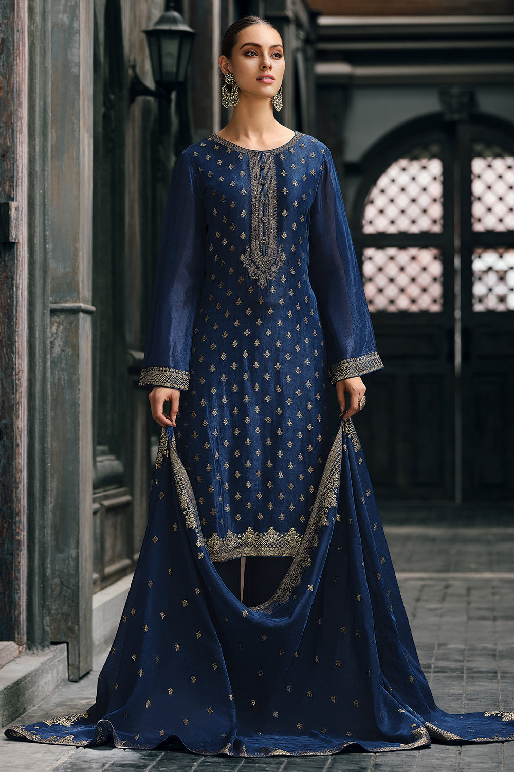 Royal Blue Color Embroidered Organza Unstitched Suit Material