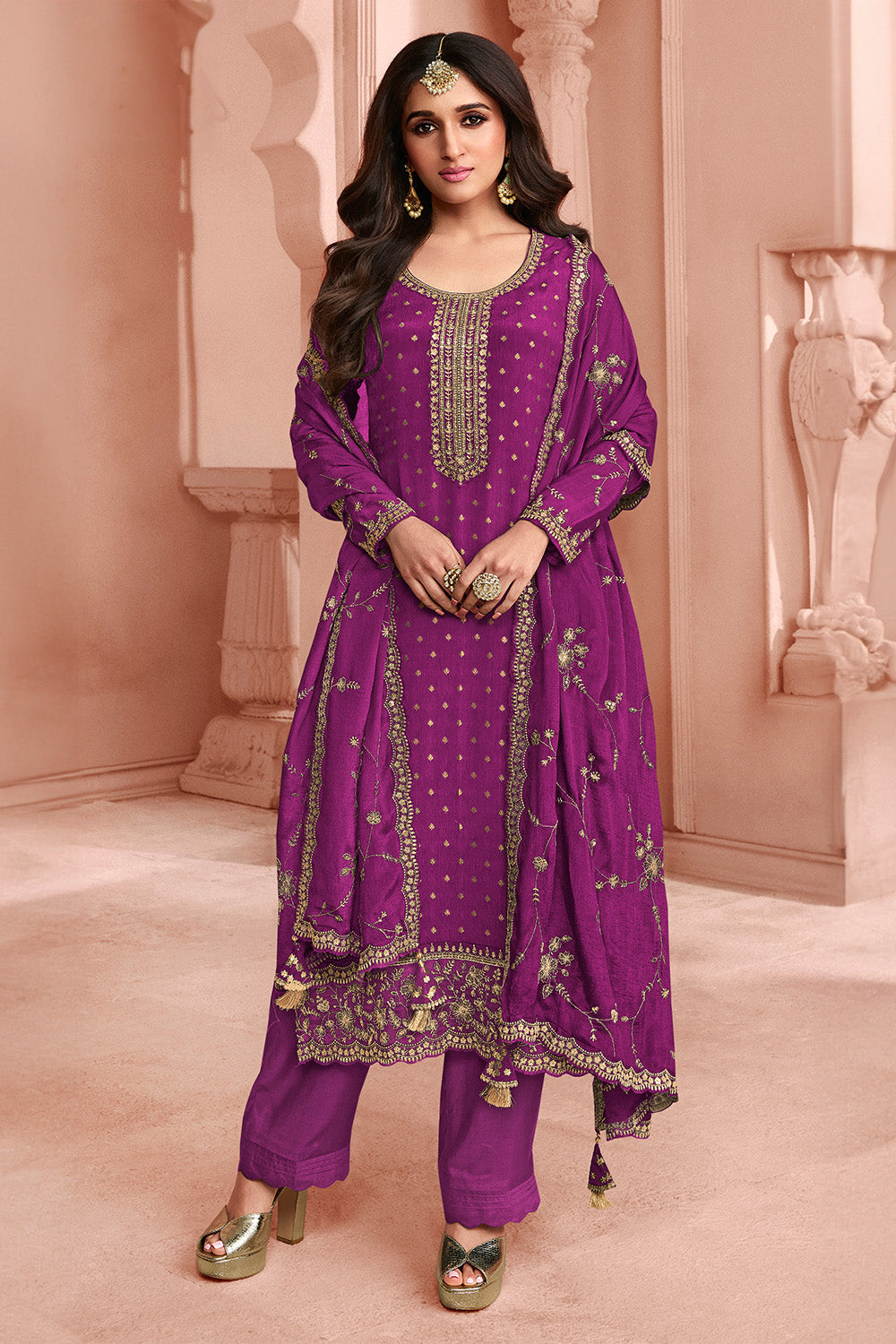 Dark Scarlet  Color Silk Embroidered & Zari Woven Unstitched Suit Material