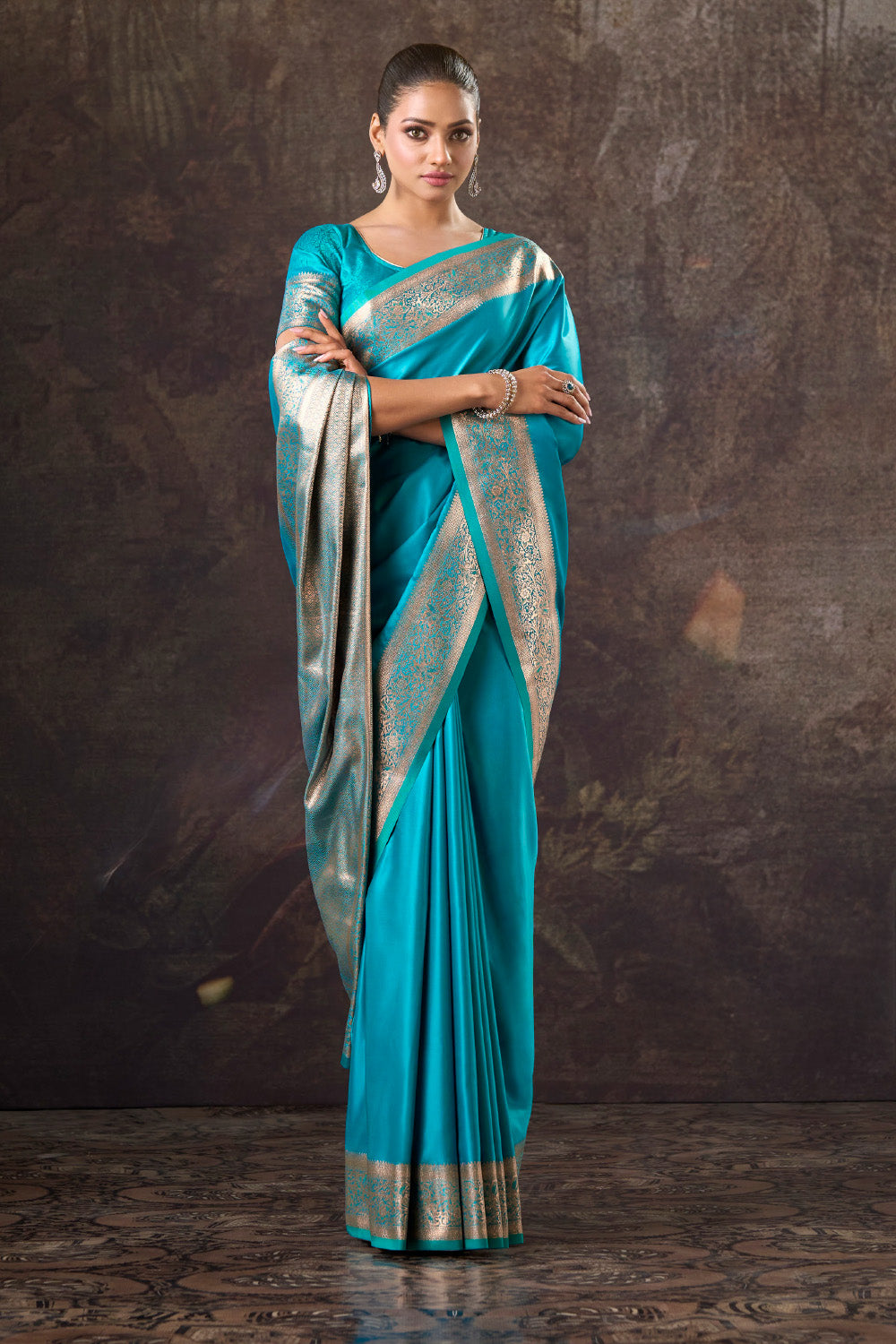 Pacific Blue Satin Silk Woven Saree