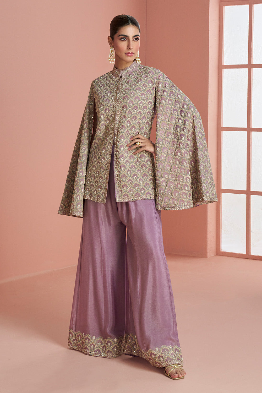 Dusty Pink Crepe Silk Embroidered Dress With Embroidered Palazzo