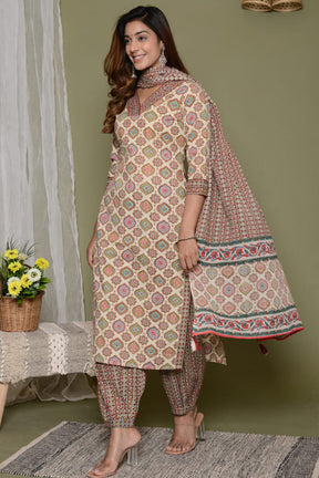 Beige Color Cotton Printed Suit