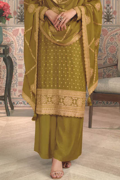 Olive Green Color Silk Embroidered Unstitched Suit Fabric