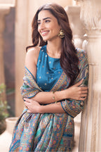 Teal Blue Position Print Woven Silk Saree