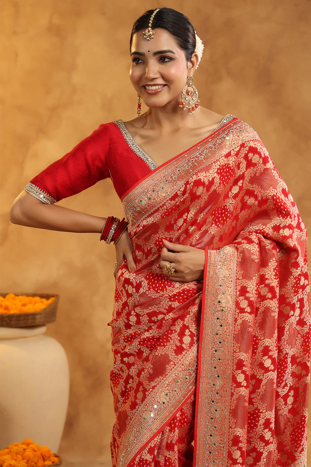 Red Color Khhadi Georgette Woven Saree