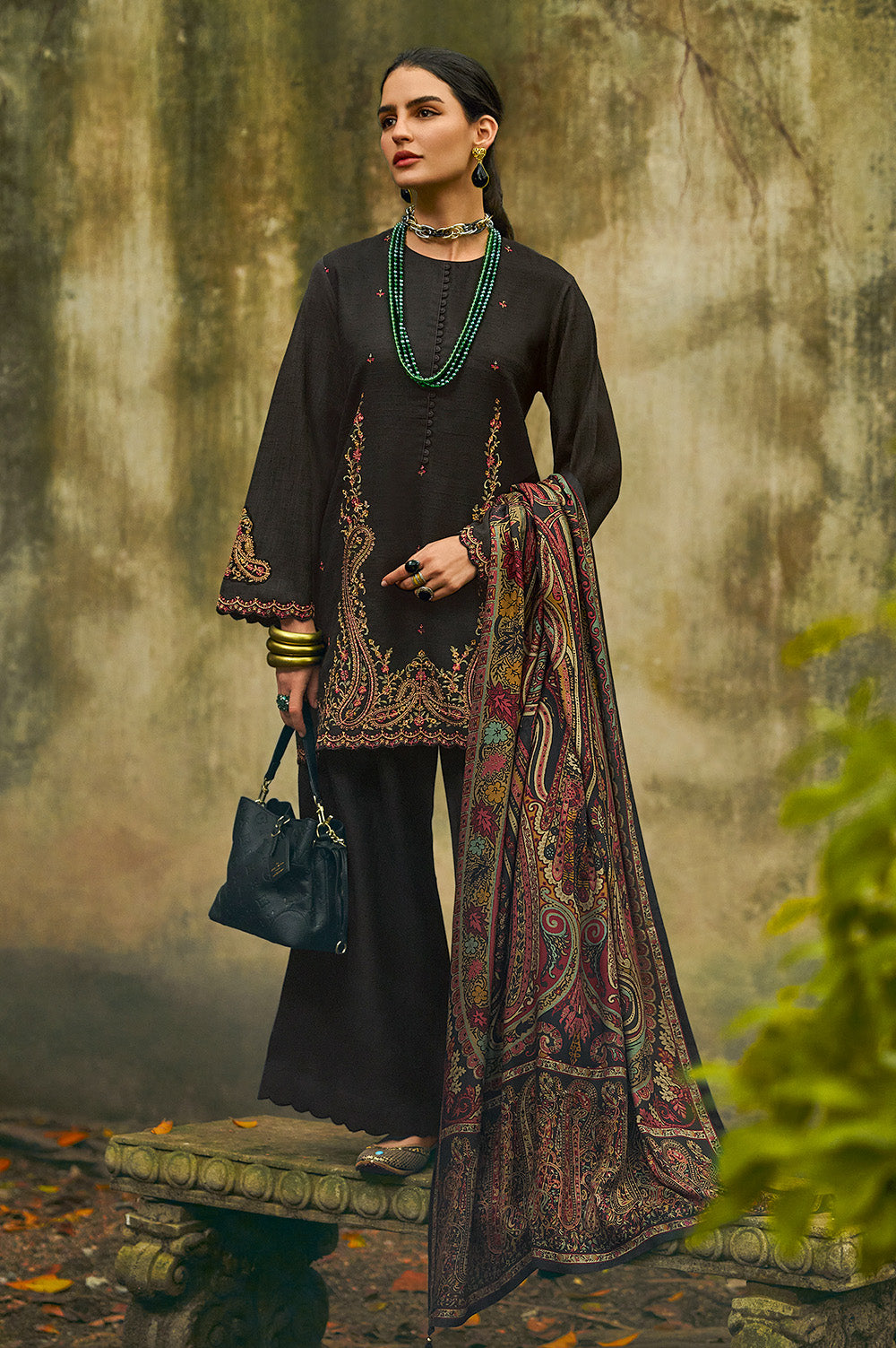 Black Tussar Silk Resham Floral Embroidered Unstitched Suit Material