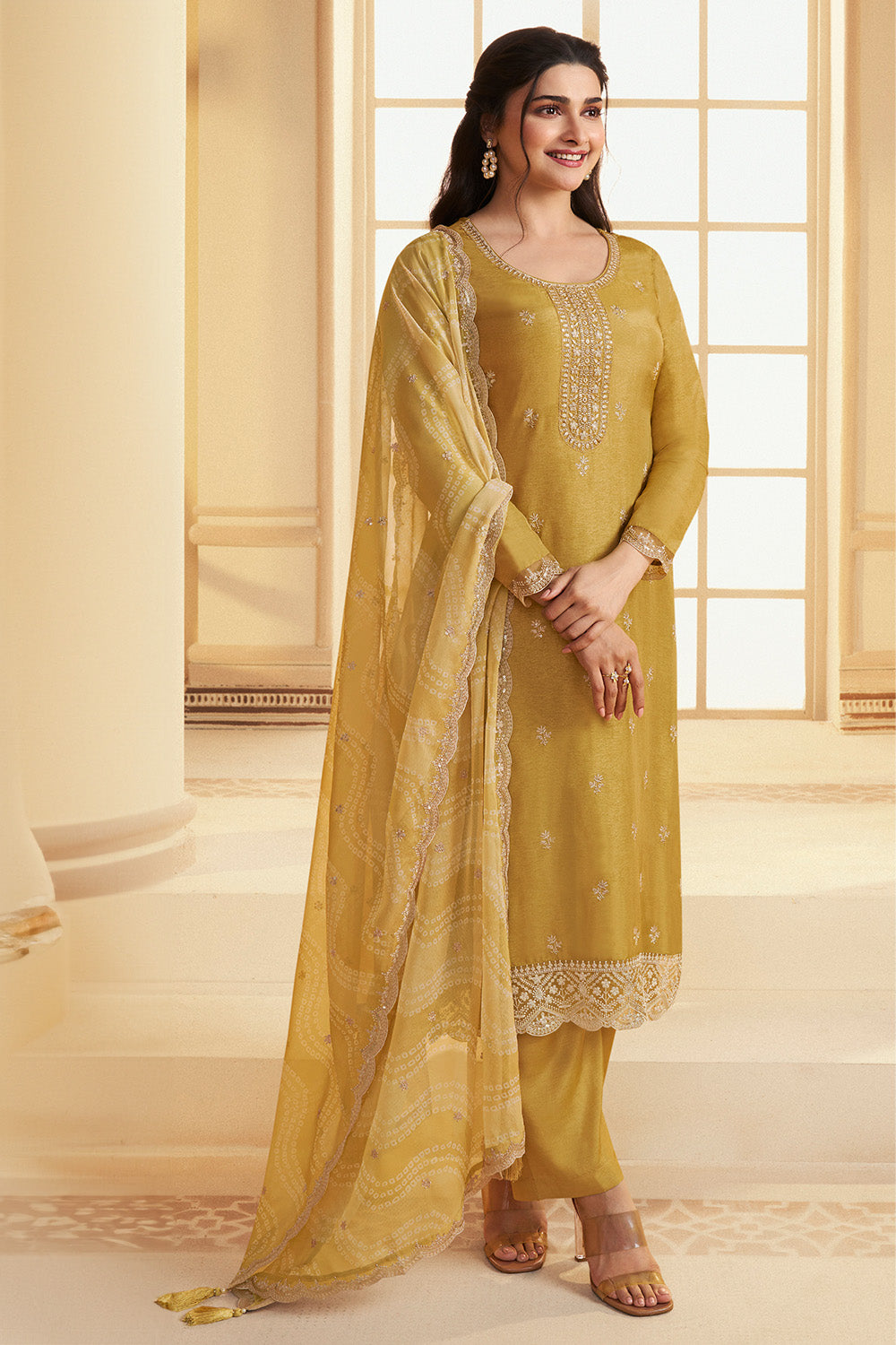 Mustard Color Embroidered Crepe Silk Unstitched Suit Fabric