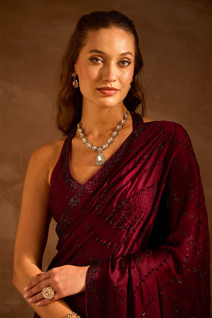 Dark Scarlet Swarovski Work Satin Saree