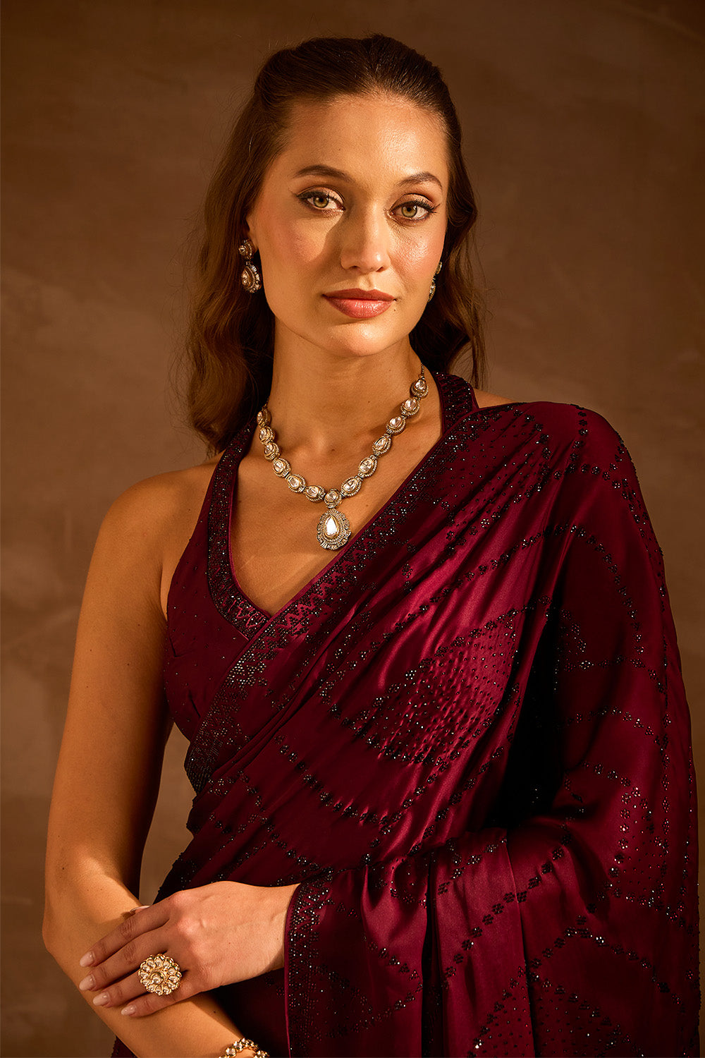 Dark Scarlet Swarovski Work Satin Saree