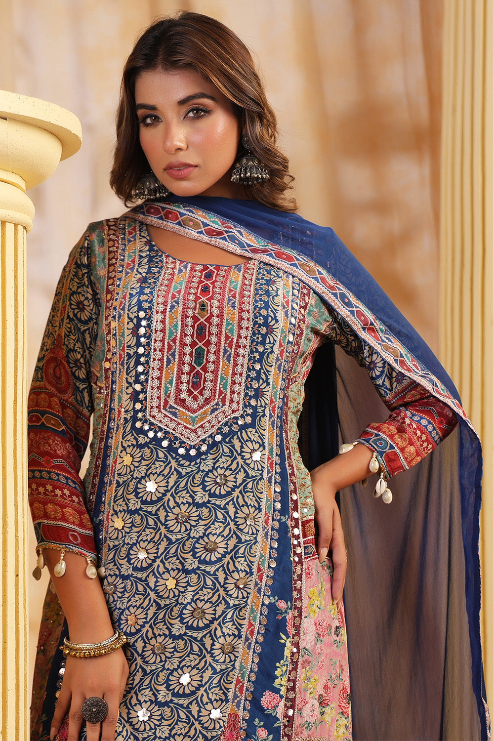 Blue Color Crepe Embroidered and Printed Suit