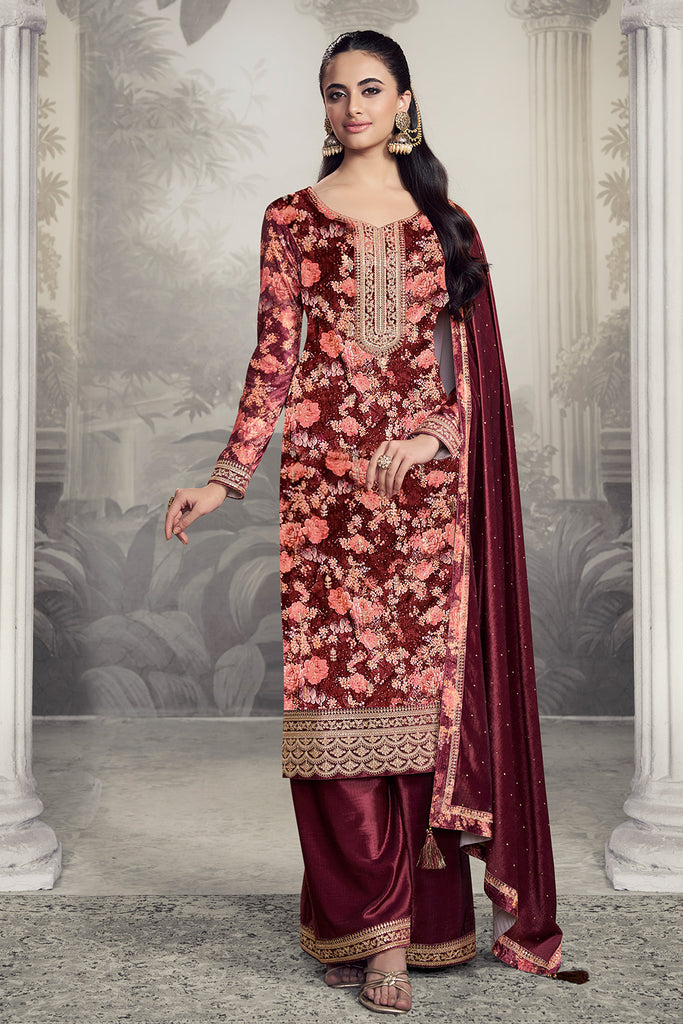 Maroon Velvet Floral Printed And Embroidered Unstitched Suit Fabric