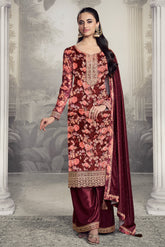 Maroon Velvet Floral Printed And Embroidered Unstitched Suit Fabric